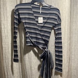 Blue, black and white striped long sleeved cropped shirt with tie